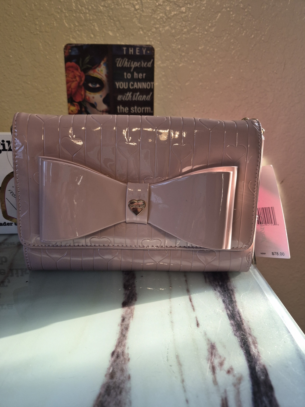 Betsey Johnson Glossy Bow Crossbody Bag in Light Pink